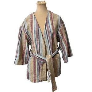 Faherty Striped Cotton Belted Cardigan Jacket Size S Beige Multi Coastal Boho